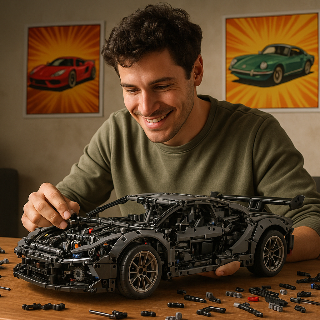 Close up of a builder working on one of several LEGO supercar builds with visible mechanical details.