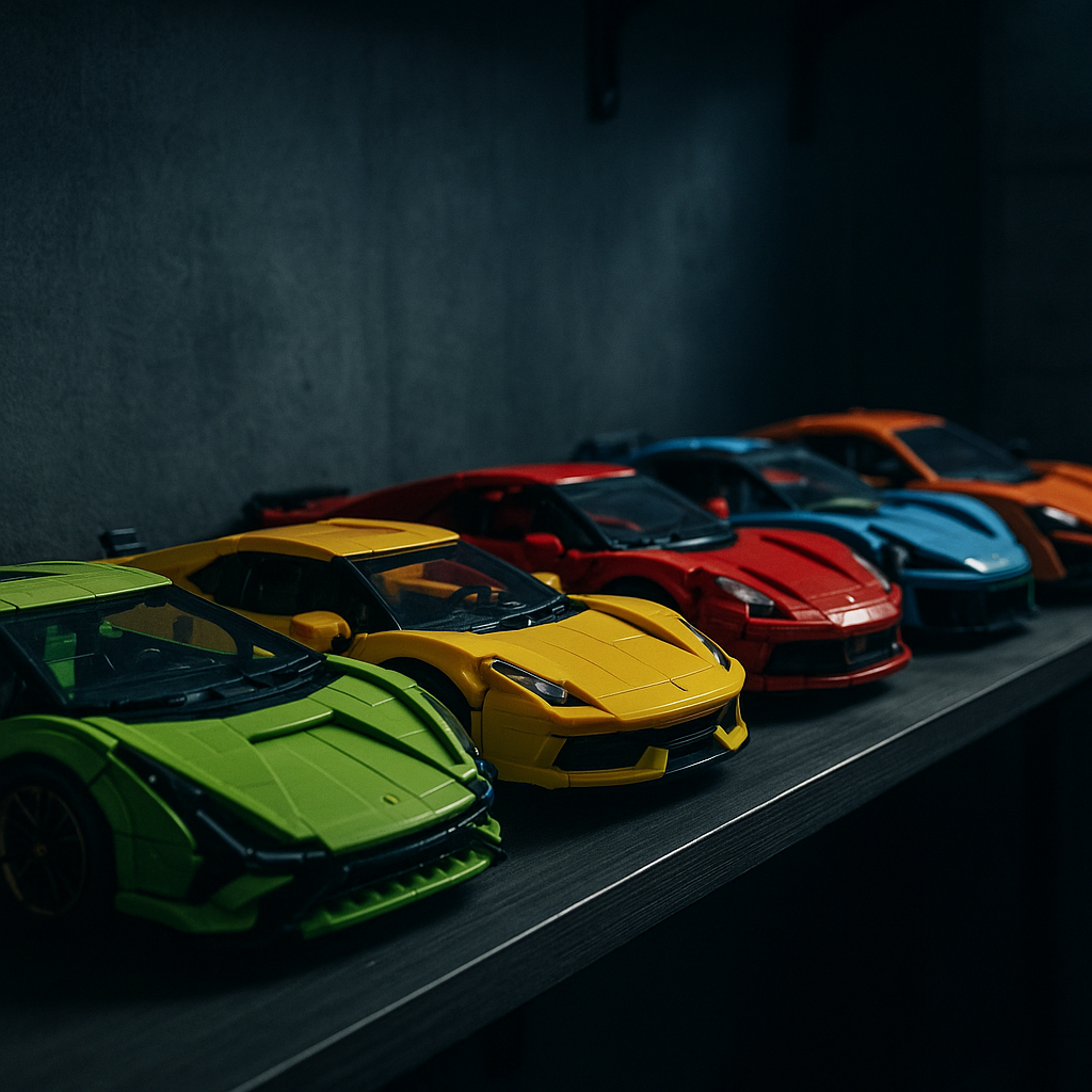 Shelf display of multiple LEGO supercar builds arranged like a miniature dream garage.