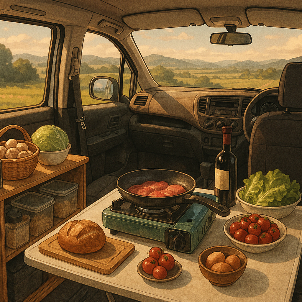 Compact van kitchen setup inside JDM camper vans ready for a foodie road trip
