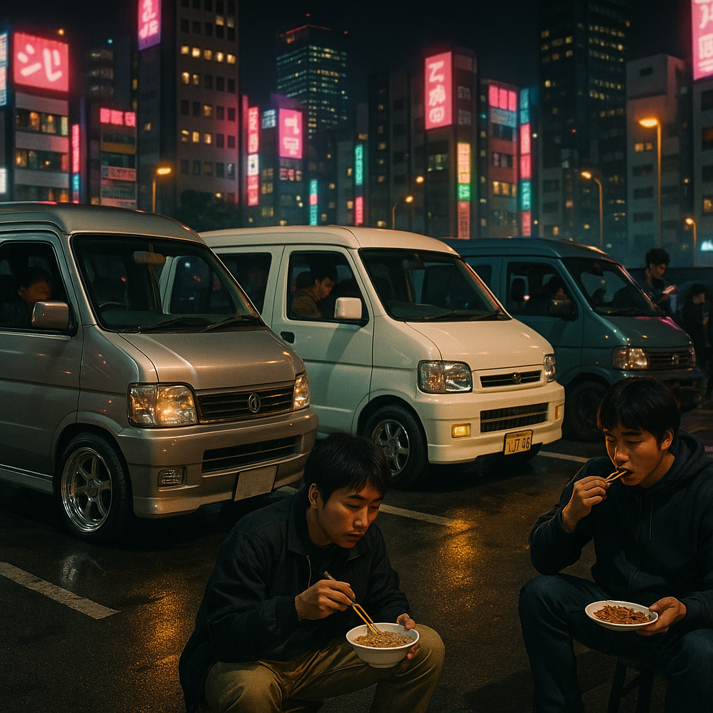 Night car meet scene with JDM camper vans and drivers sharing street food