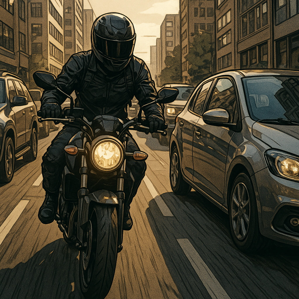 City traffic showing advantages of motorbike vs small performance car for filtering and parking