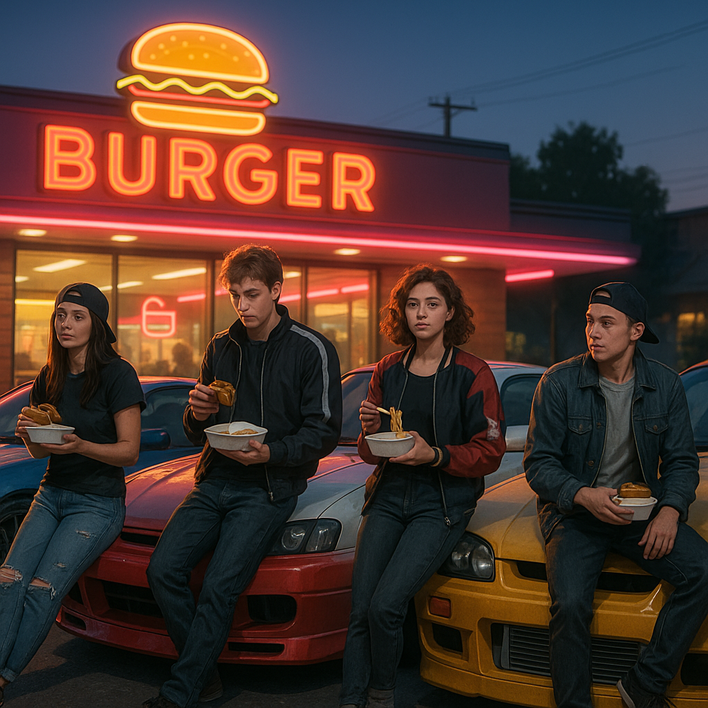 Friends from a car tribe eating burgers while parked up in front of their cars