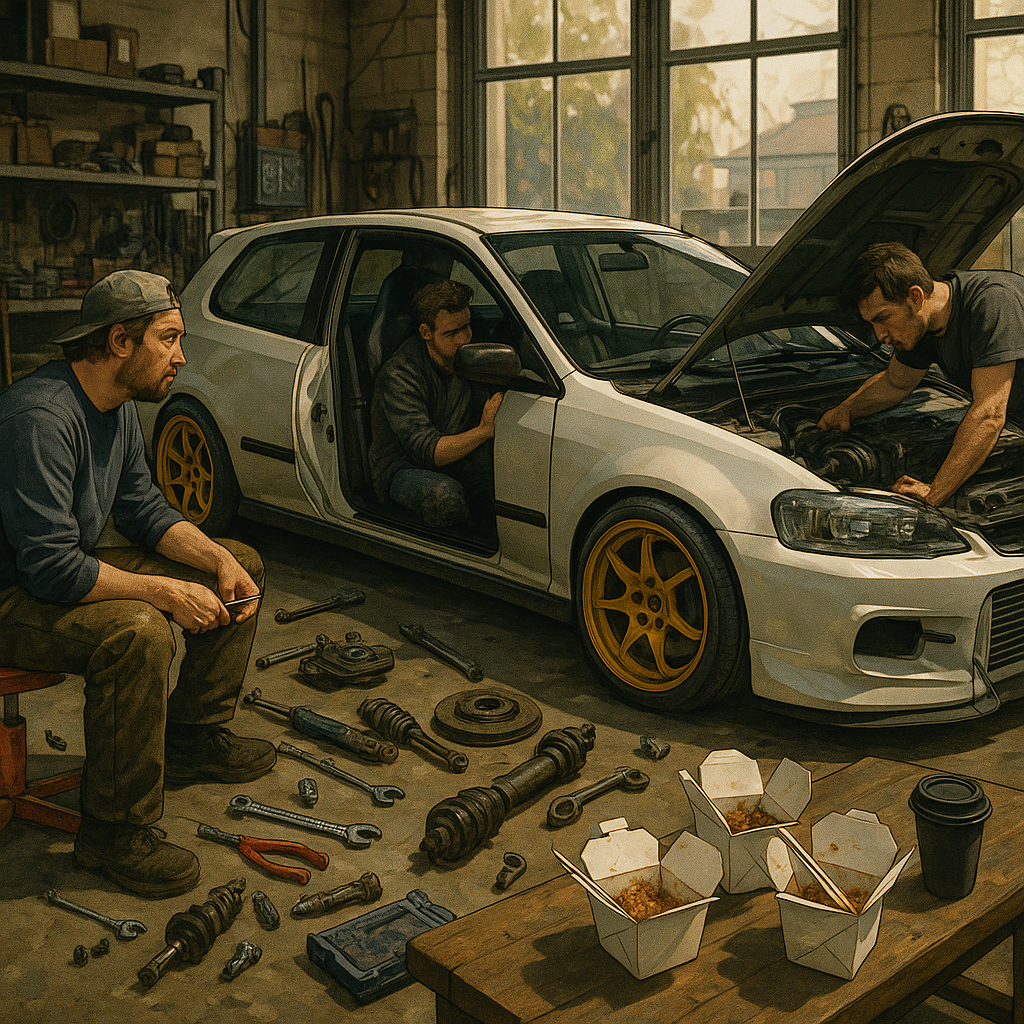 Garage meet where a car tribe works on a project car surrounded by food and spares