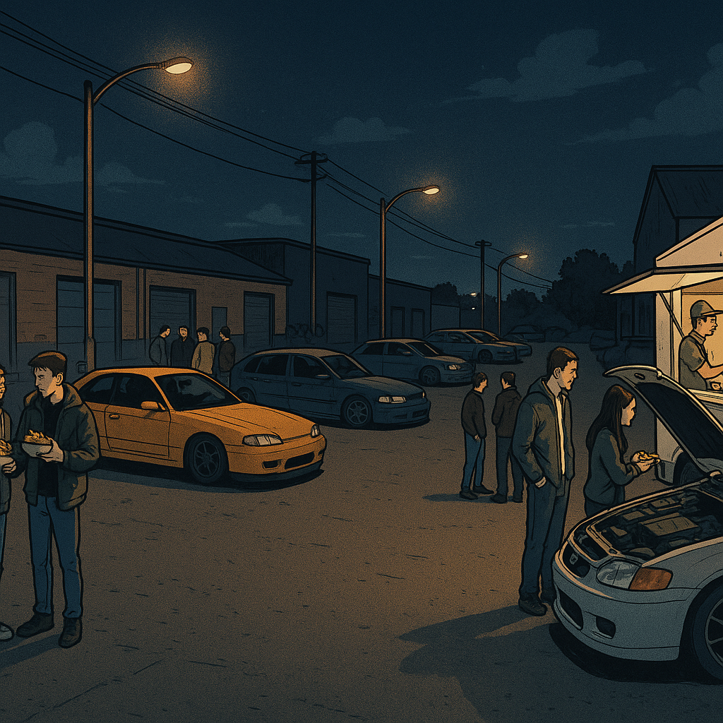 Comic style industrial estate gathering showing safe late night car meets with street food
