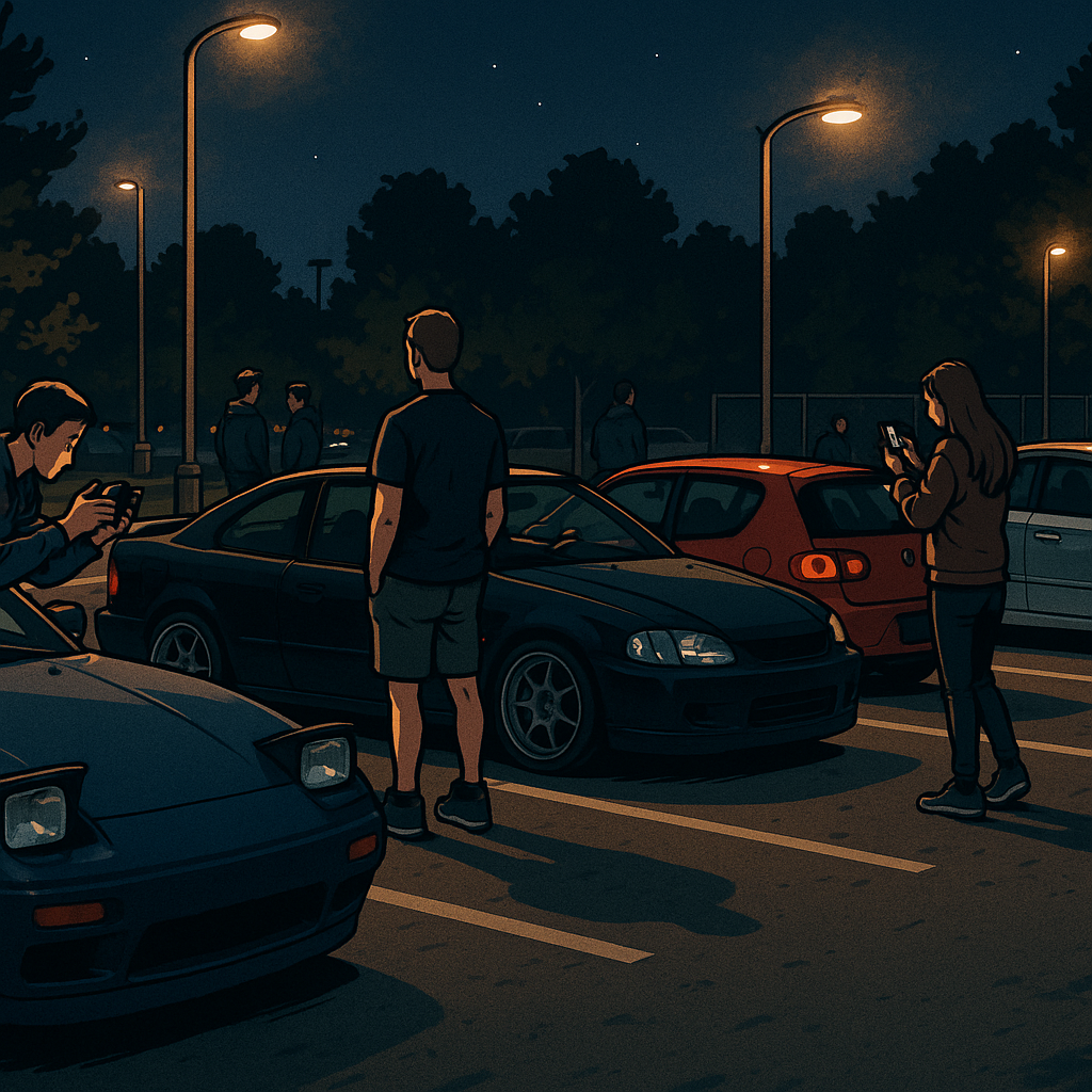 Comic style tidy car park during late night car meets with people photographing cars