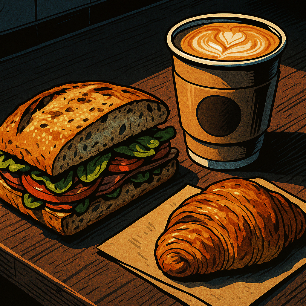 Close-up of quality petrol station food UK including artisan sandwich and fresh coffee on a forecourt counter