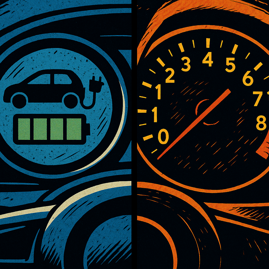 Electric vs petrol car dashboard detail in comic art style representing the 2026 comparison