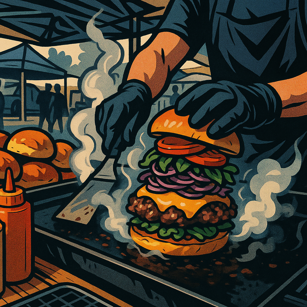 Close-up of gourmet UK car boot sale food being prepared at a street food stall