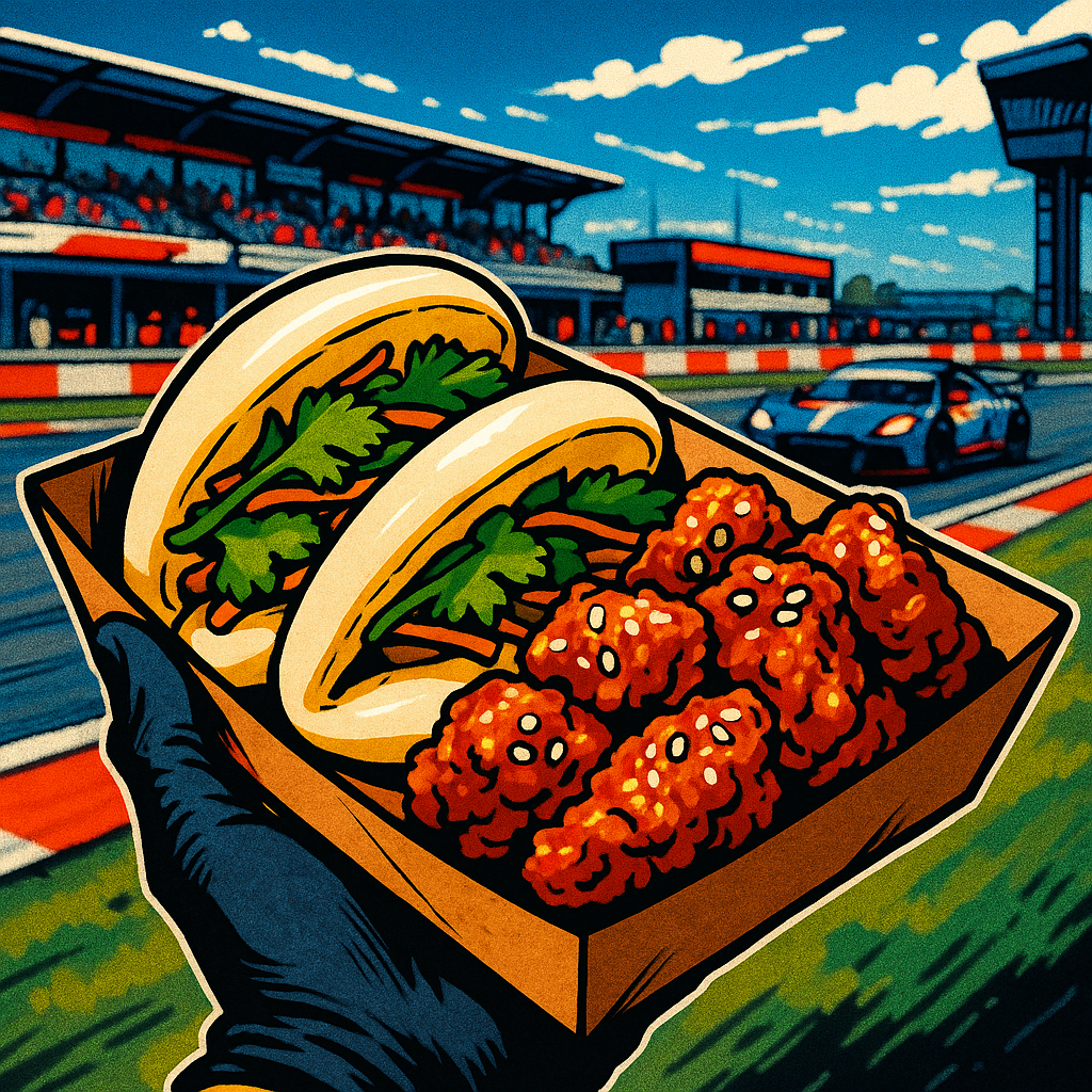 Close-up of street food near UK racing circuits served in a motorsport paddock setting