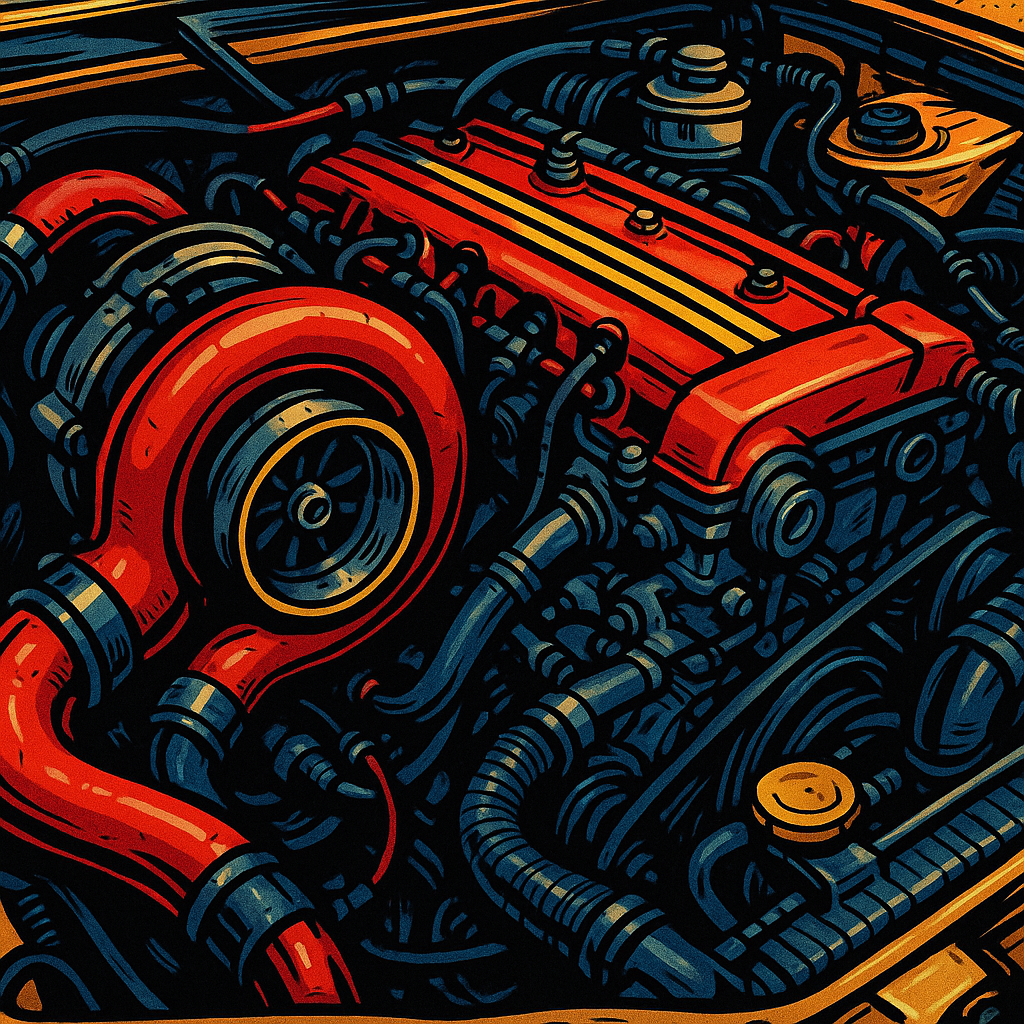 Comic art close-up of a performance car engine representing best fast cars under 30000 2026