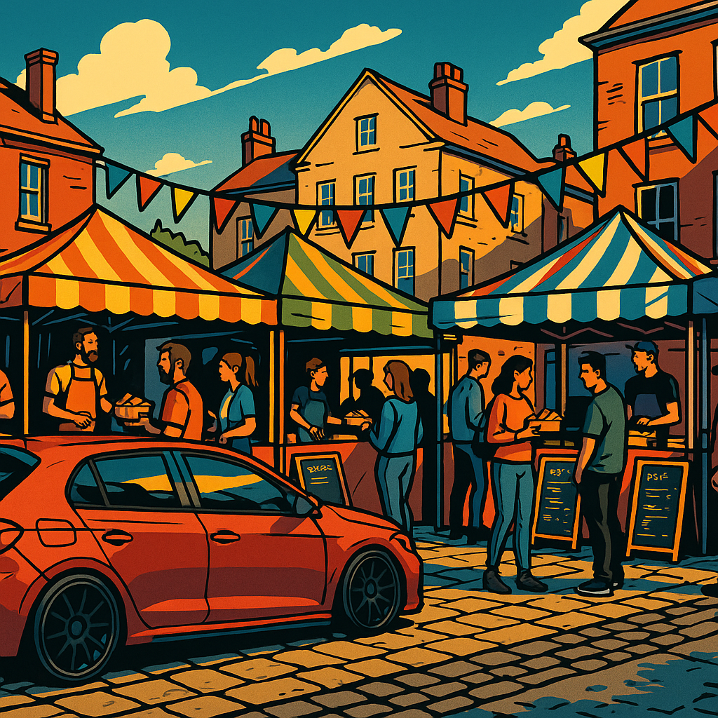 Comic illustration of street food markets UK weekend scene with a modified car parked outside