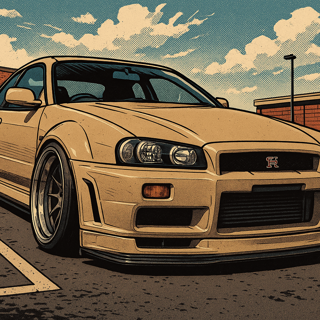 Comic-style close-up of a modified Nissan Skyline at UK car meets 2025