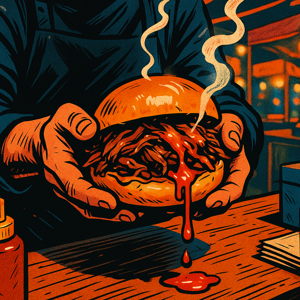 Comic style close-up of street food dish at a UK weekend street food market