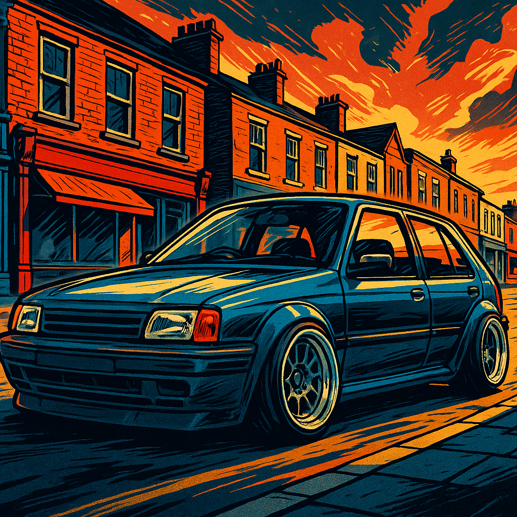 Stance-modified car on a UK high street representing legal car modifications UK 2026