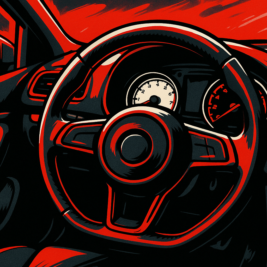 Close-up comic illustration of a sports car interior representing affordable sports cars UK 2026