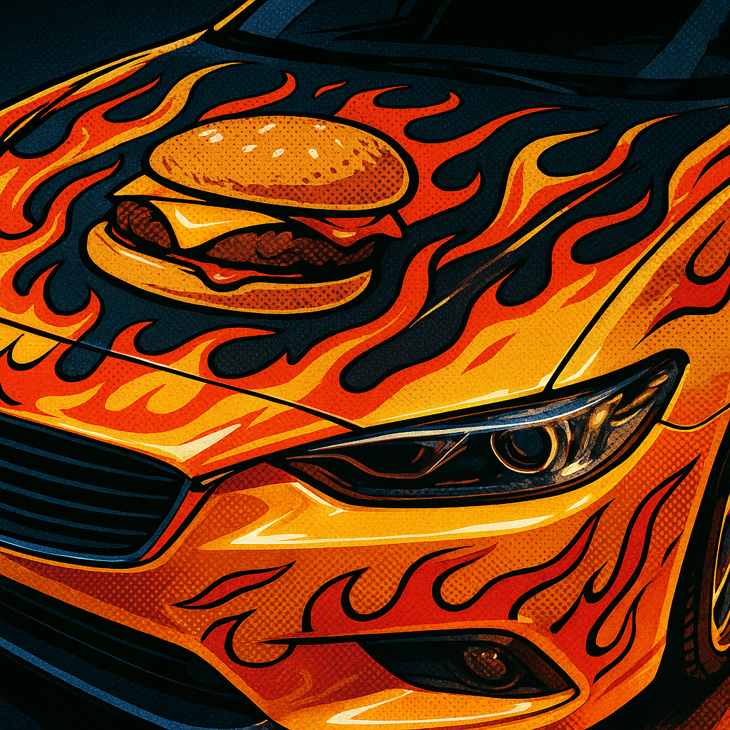 Close-up comic style detail of a custom car wrap inspired by fast food car brand collaborations