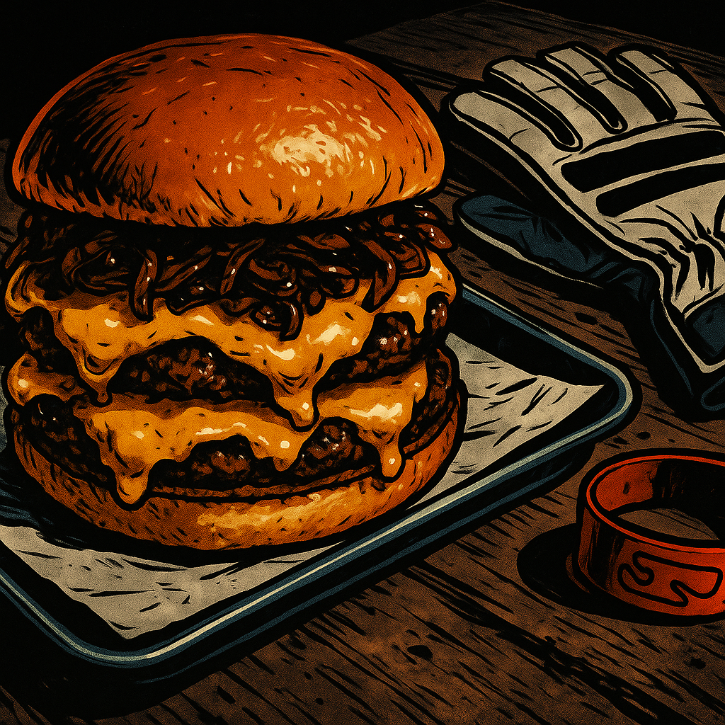 Close-up of a smash burger near a UK motorsport circuit alongside racing gear, representing food near UK motorsport circuits