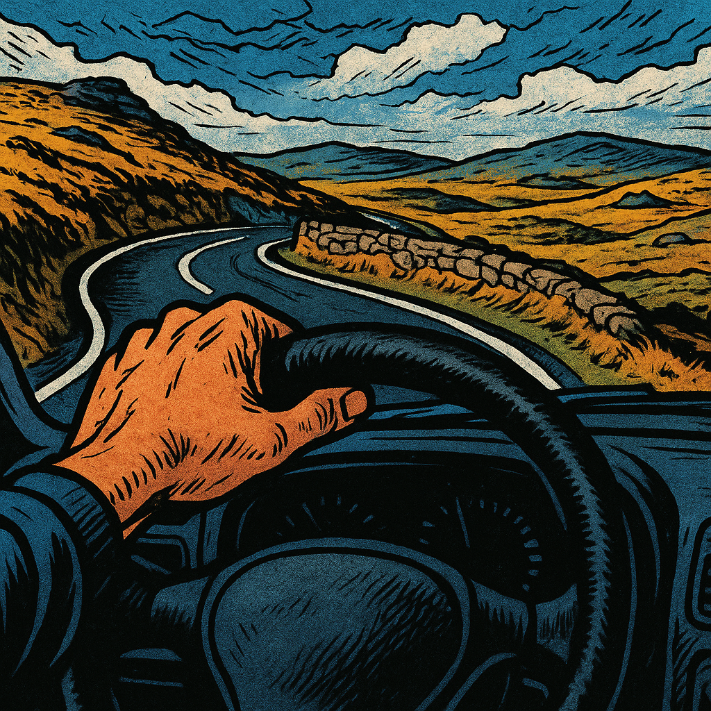 Close-up of driver on scenic driving roads UK Dartmoor style landscape