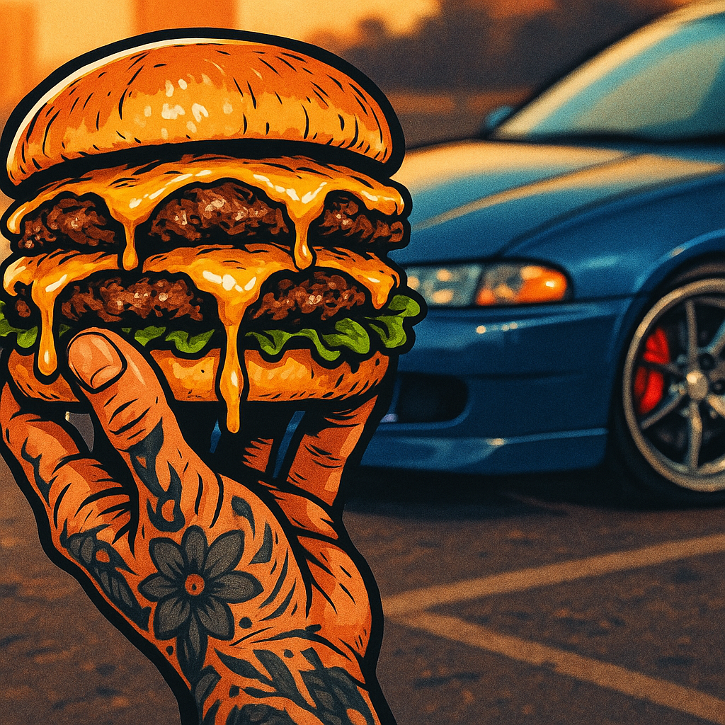 Close-up of street food at a UK car meets food festival with JDM car detail in background