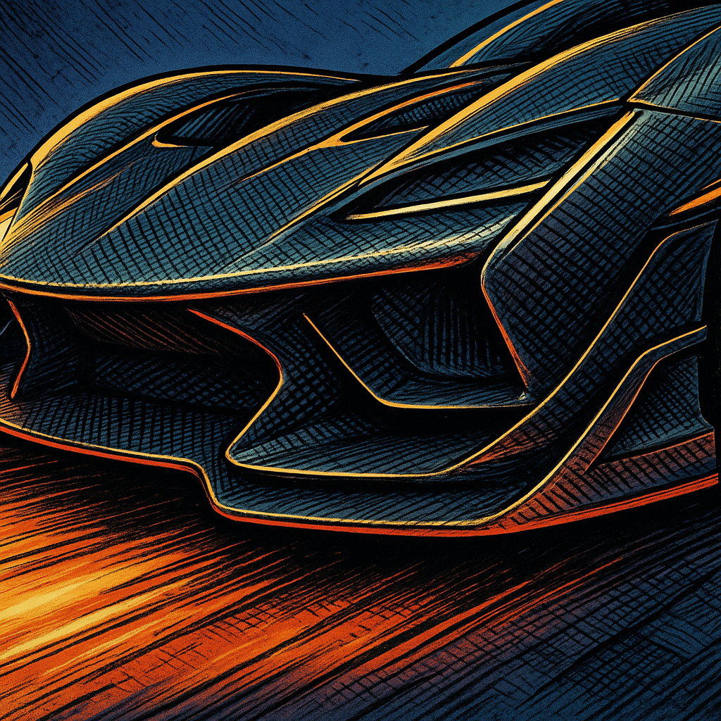 Detailed comic-style illustration of new hypercar 2026 aerodynamic bodywork and carbon fibre splitter