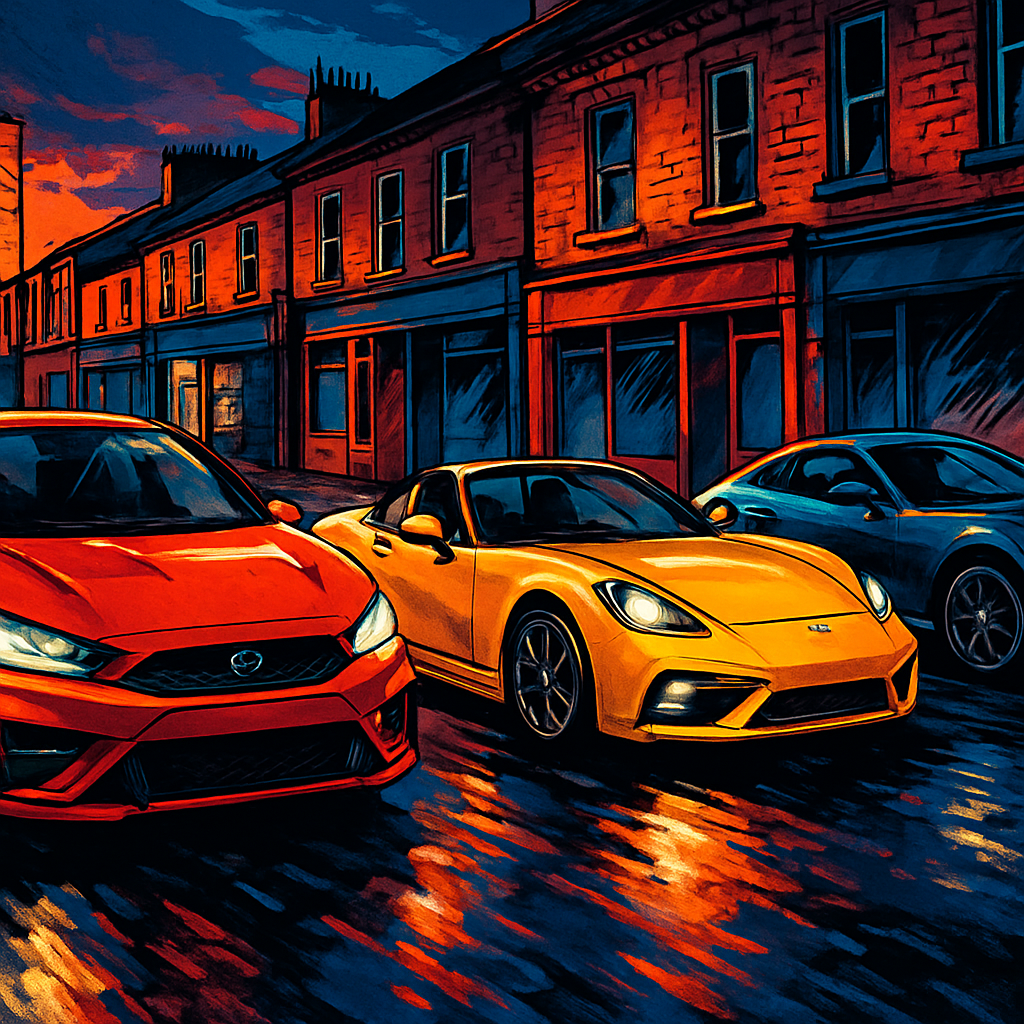 Line-up of the best affordable sports cars UK 2026 on a wet British high street at dusk
