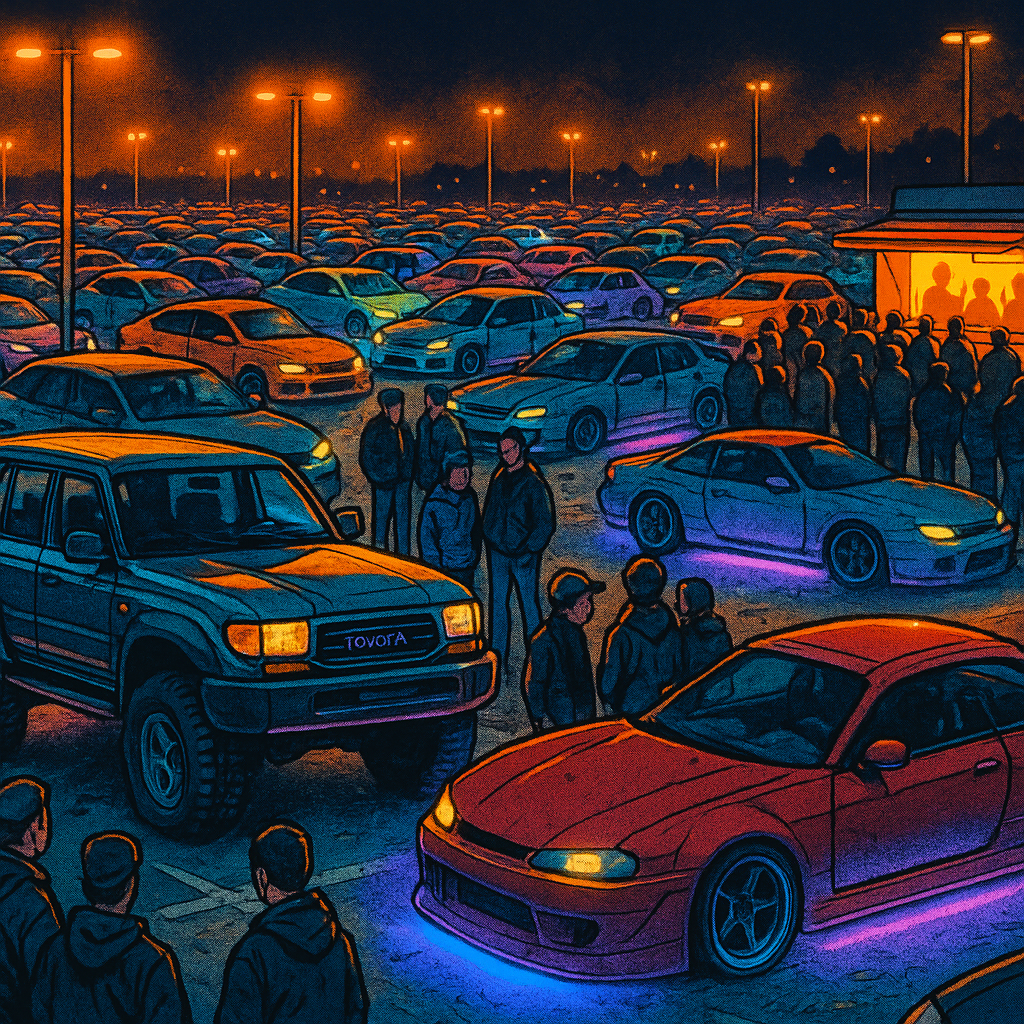 Massive UK car meet culture 2026 scene with modified cars and food vans in a lit car park at night