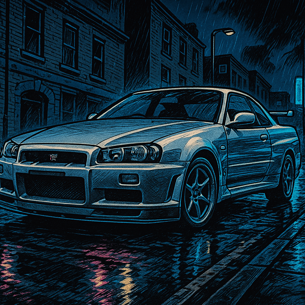 Nissan Skyline R34 GT-R on a wet UK street illustrating the JDM cars comeback 2026