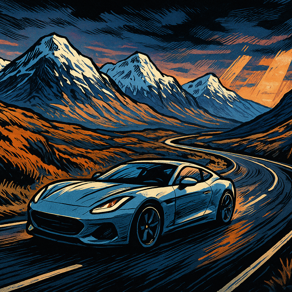 Sports car on one of the most scenic driving roads in the UK through the Scottish Highlands