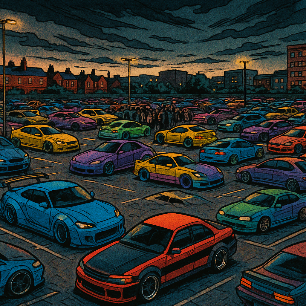 Wide view of UK car meet culture 2026 with modified cars and aggressive body kits