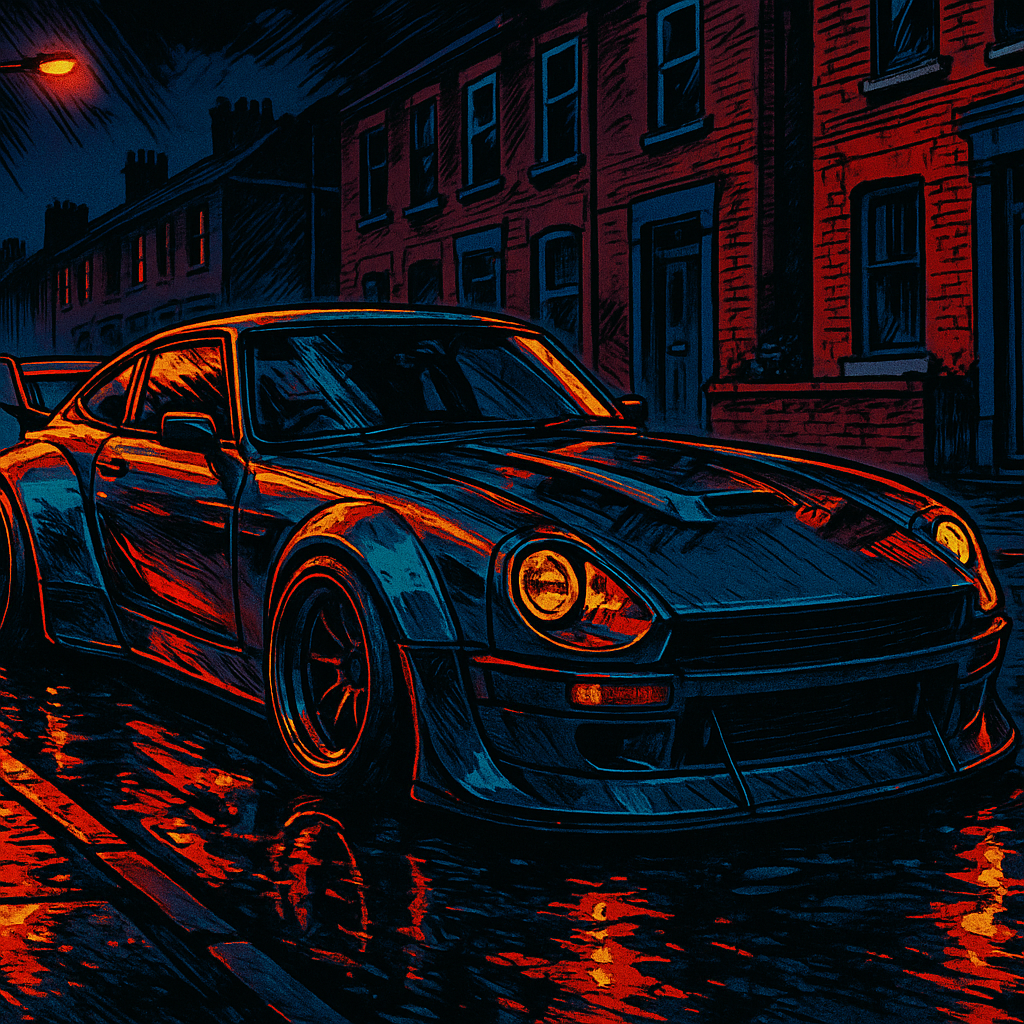 Widebody modified car representing car modifications trending 2026 on a wet UK street at night