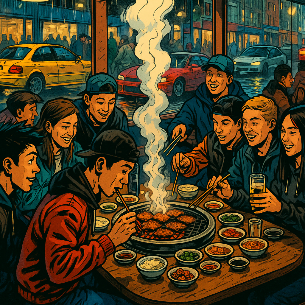 Car meet crew enjoying Korean BBQ UK car meet food 2026 at a tabletop grill restaurant in a UK city