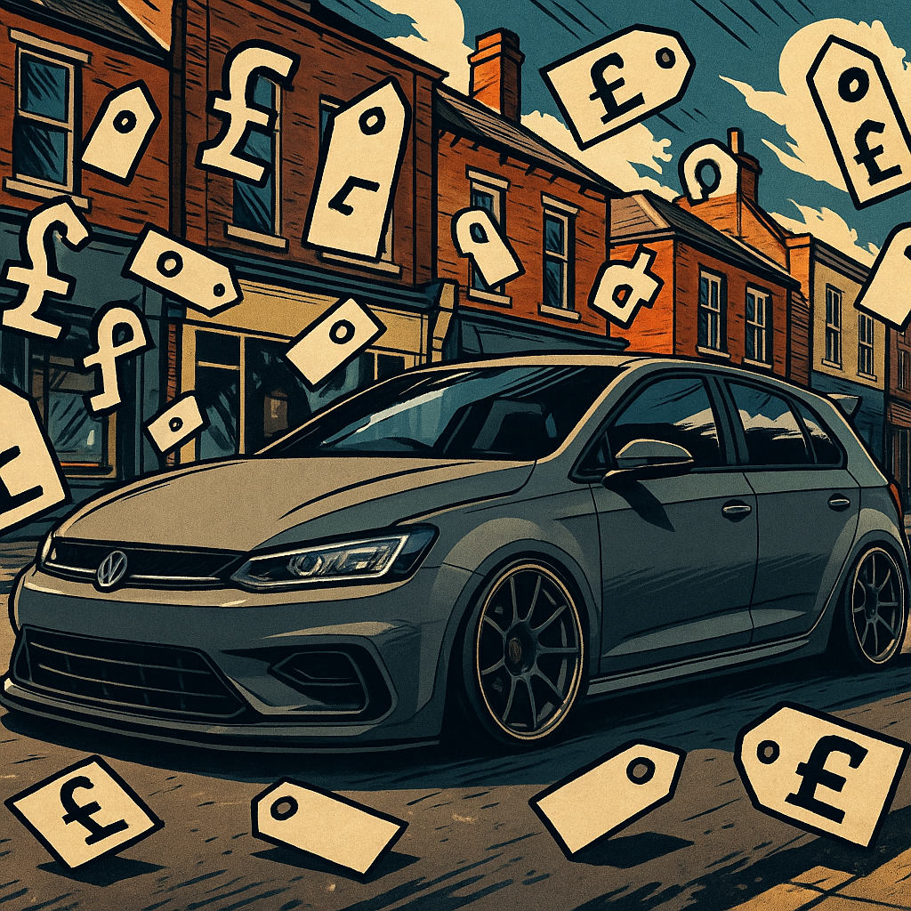 Comic style illustration of a modified car on a UK high street representing modified car resale value UK 2026