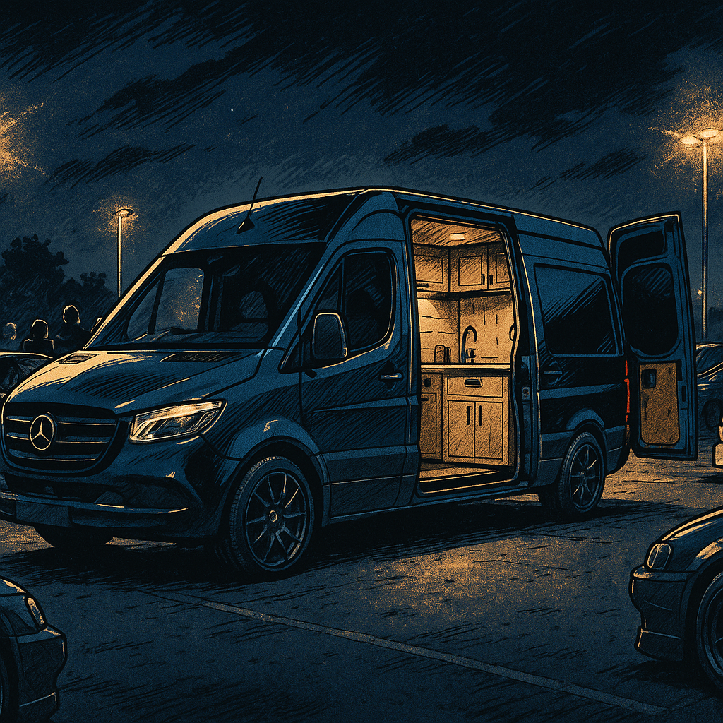 Converted Sprinter van at a UK car meet showcasing van life car culture