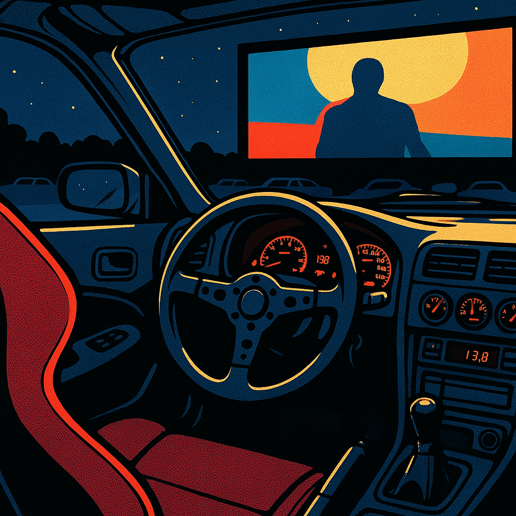 Inside a modified car at a drive-in cinema UK 2026 night, bucket seat and screen reflection