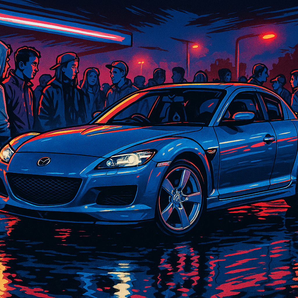 Mazda RX-8 at a UK car meet at night, Mazda RX-8 UK buying guide 2026