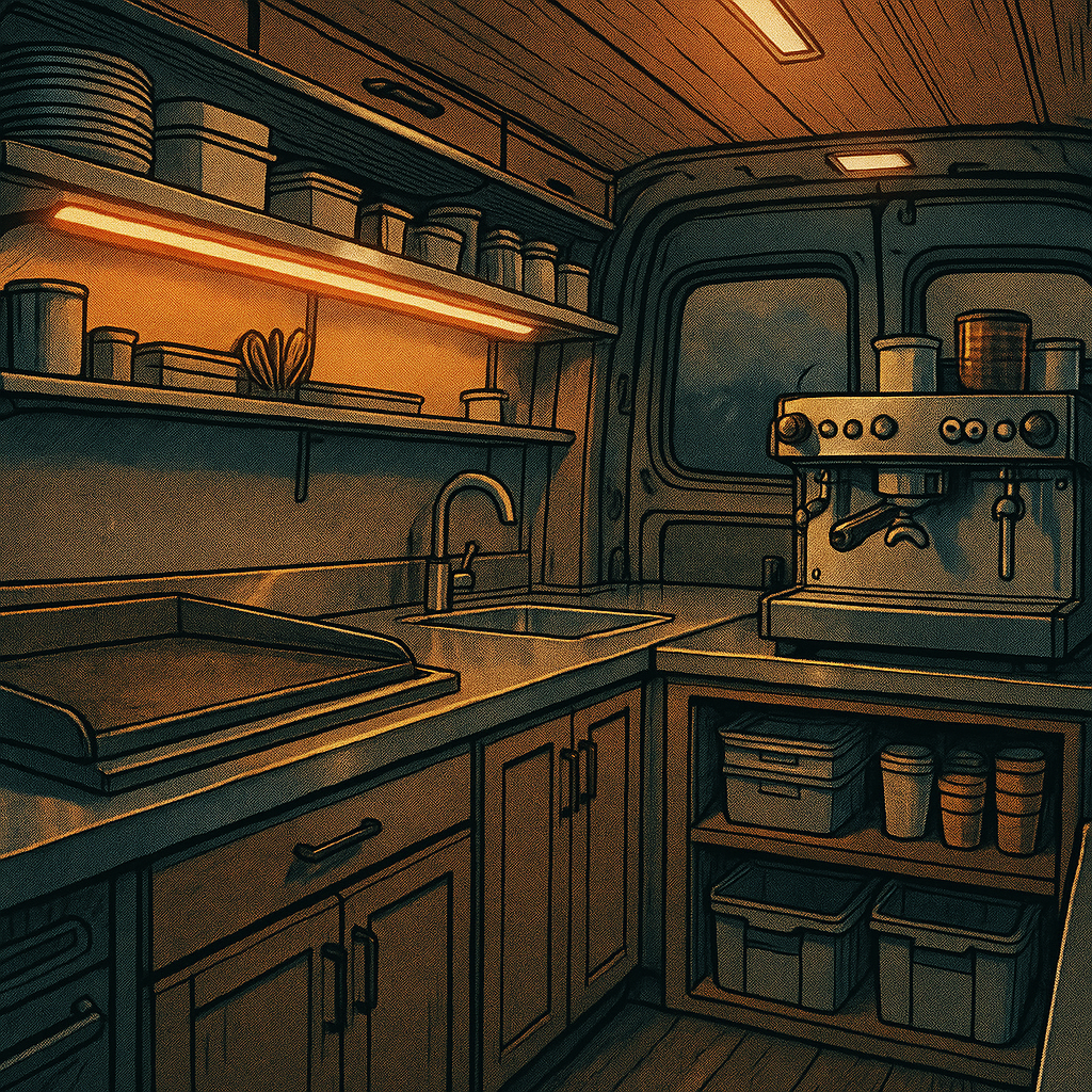 Mobile kitchen setup inside a van conversion representing van life car culture