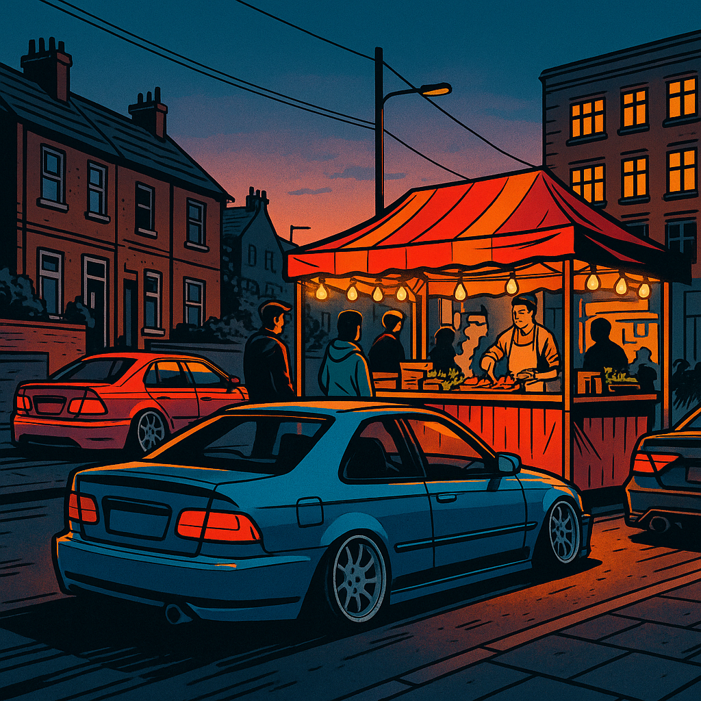 Modified cars parked at an independent taco street food stall in the UK, best tacos UK independent food 2026