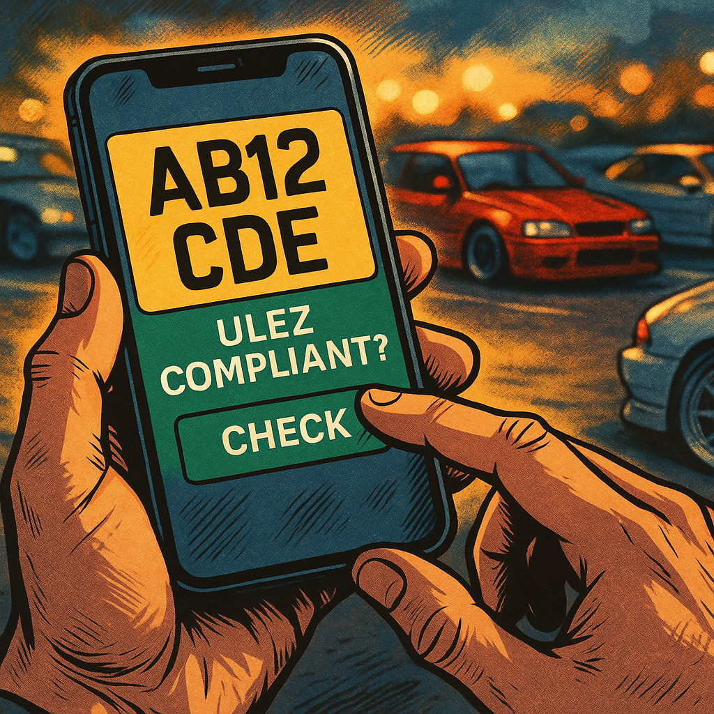 Driver checking ulez modified cars uk 2026 compliance on a smartphone at a UK car park