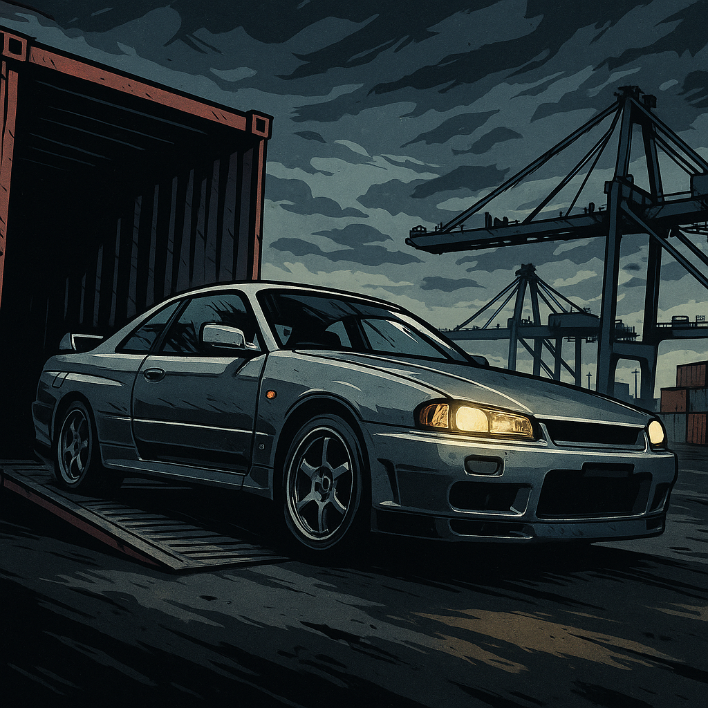 Grey import car arriving at a UK port ready for registration, comic illustration style