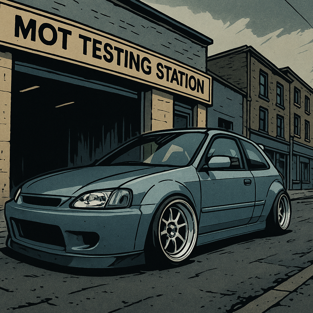 Modified car at a UK MOT testing station illustrating the modified car MOT UK 2026 experience