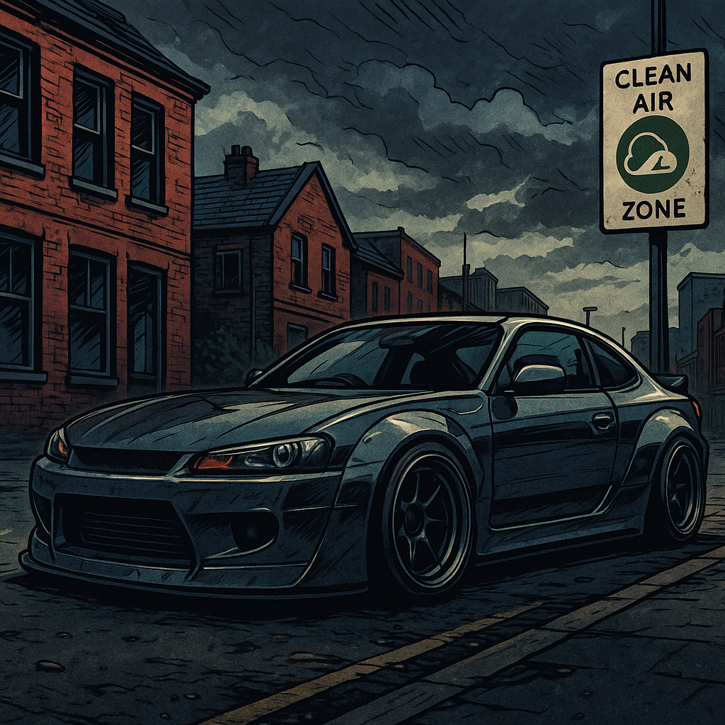 Modified performance car parked near a UK Clean Air Zone sign, relevant to ulez modified cars uk 2026