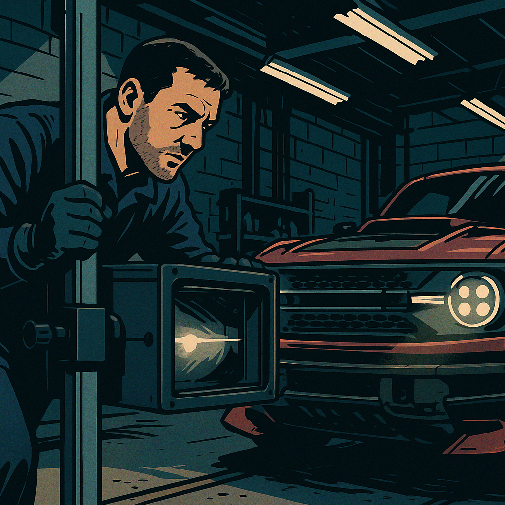 MOT tester checking aftermarket headlights on a modified car MOT UK 2026 inspection