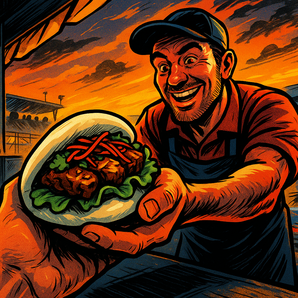 Street food vendor at a UK car show food truck event serving bao bun in comic art style