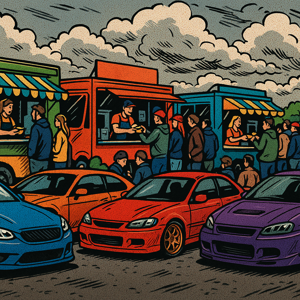 UK car show food trucks 2026 with modified cars and street food vendors in comic illustration style