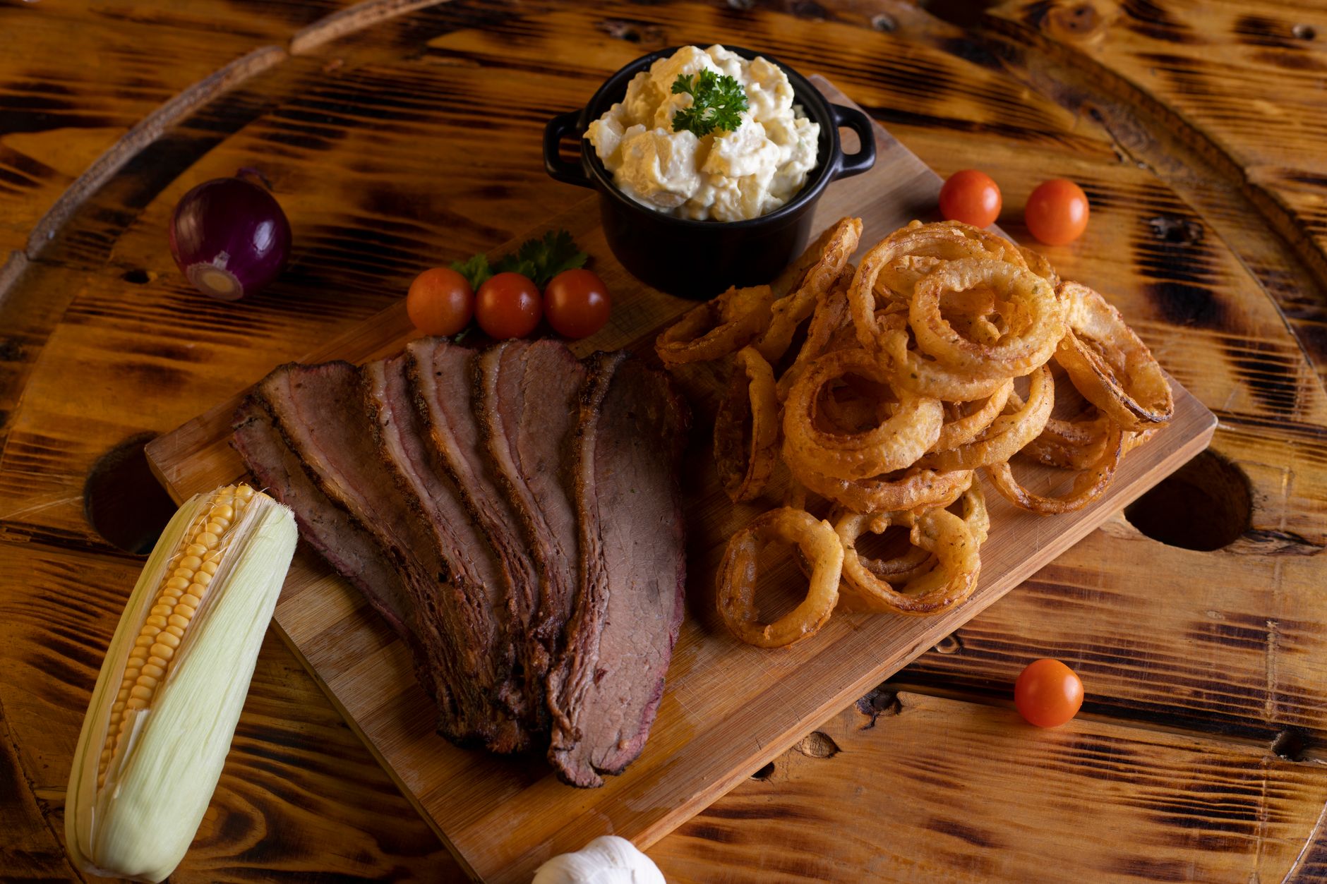 Platter of smoked brisket at a best bbq smokehouse near motorway UK stop
